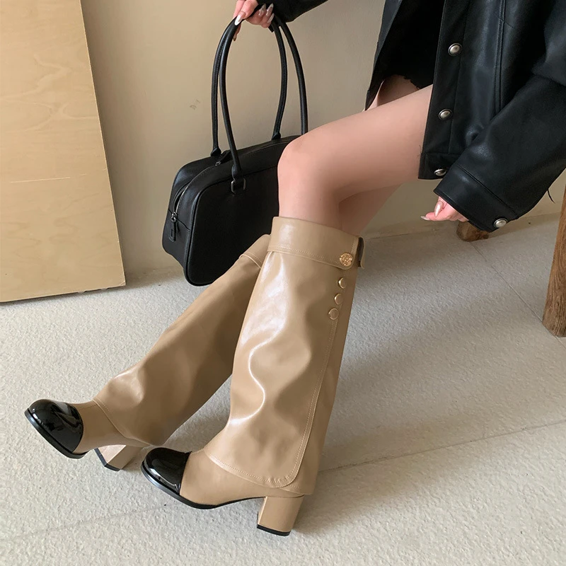 2025高跟小香风拼色高筒骑士靴女鞋2025新款春秋冬季卡其色长筒长