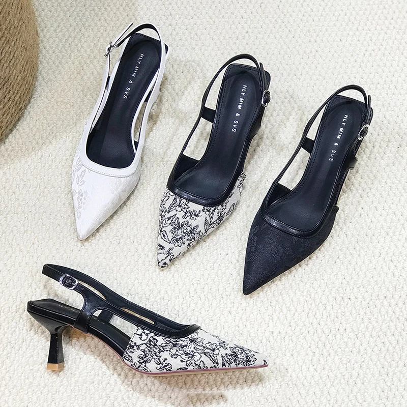 低跟包头后空外穿复古花纹凉鞋细跟凉拖鞋高跟后空单鞋女