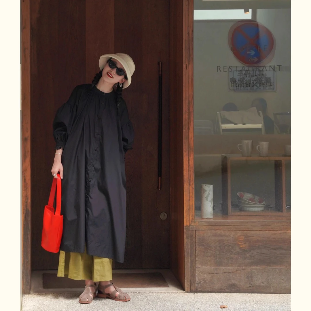 【现货纯棉】新款日系女装长袖宽松抗皱圆领连衣裙经典黑色大袍子