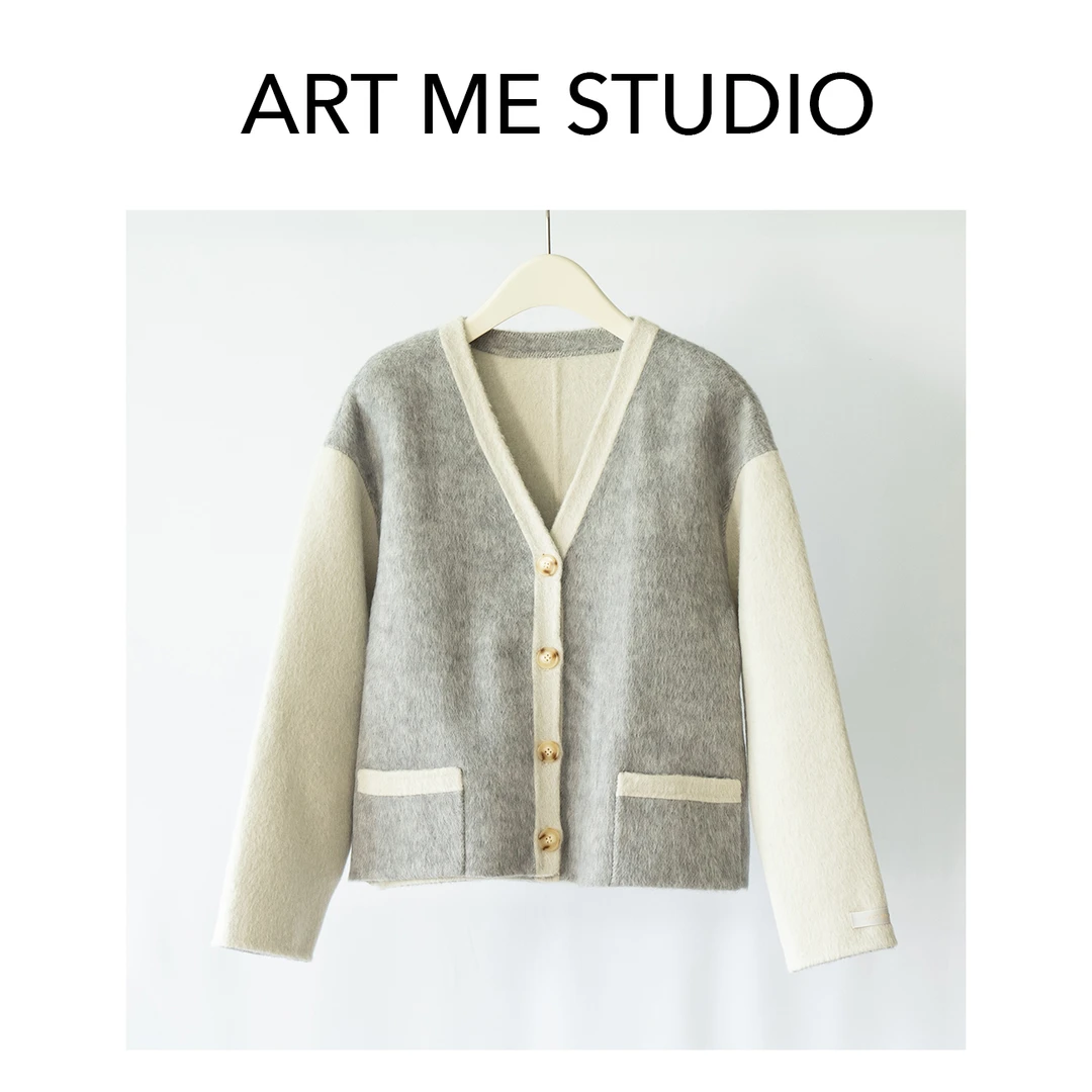 『Hello Art Me』拼色短大衣小香风气质针织时尚短款百搭   d034