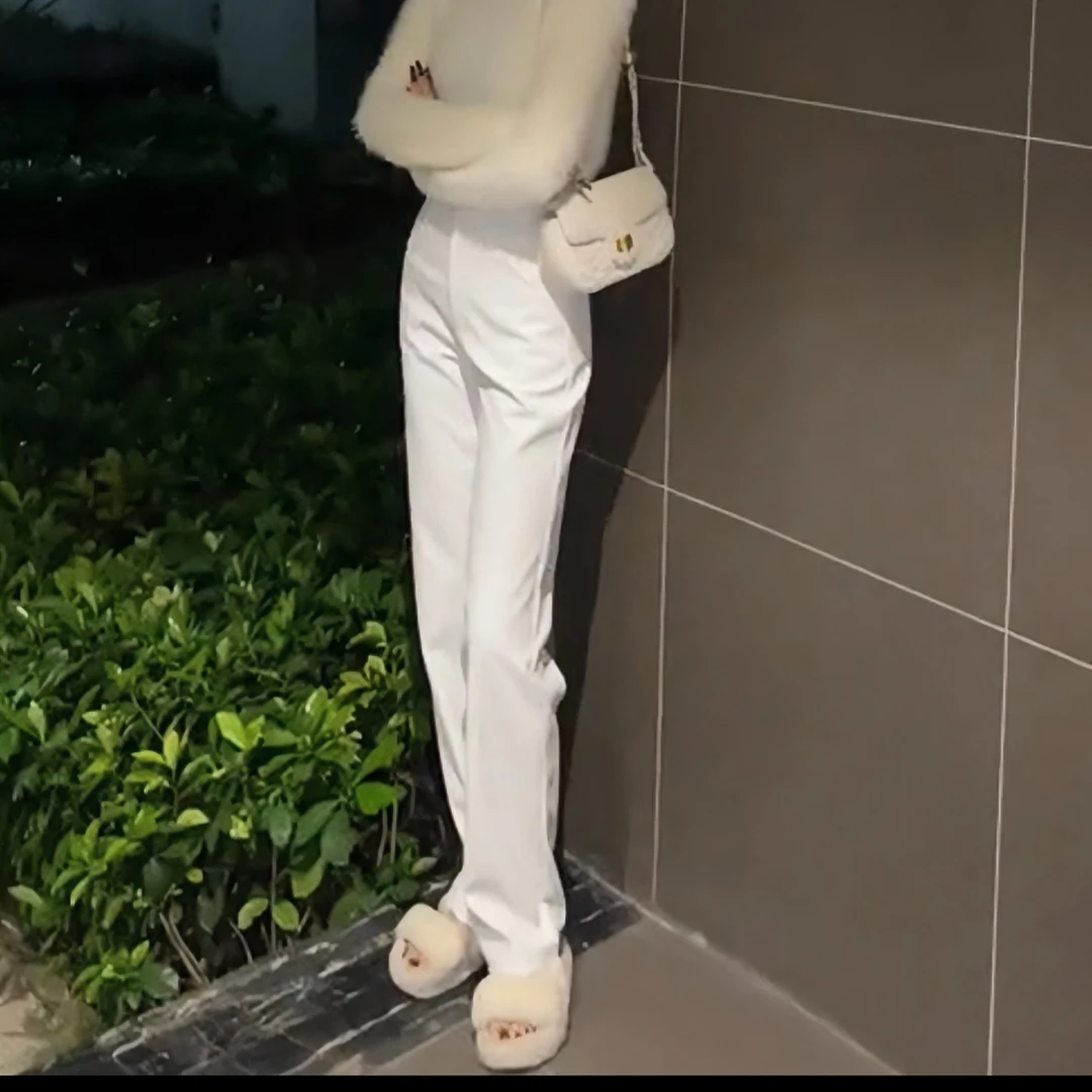 TANMEI 谭妹推荐百搭显瘦气质高腰直筒白色皮裤