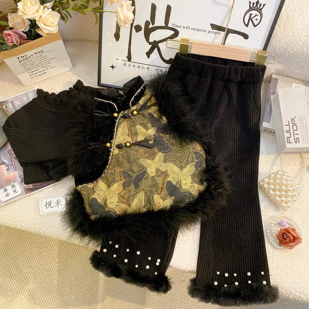 D萌宝冬装2024新款萌娃穿搭女童加绒裤子女童马甲套装6368