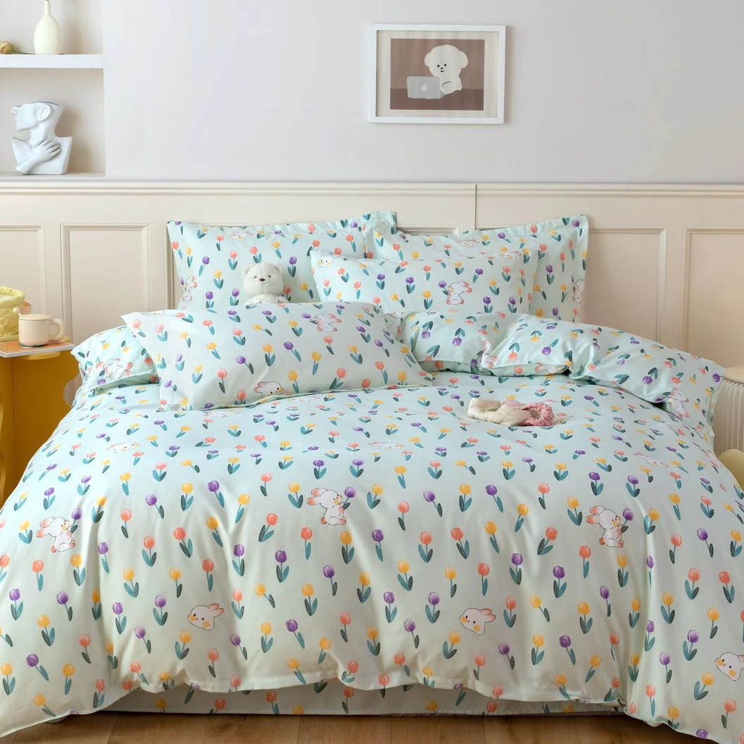 高支高密精梳斜纹面料双人床单【花园小兔】230*230（±5）