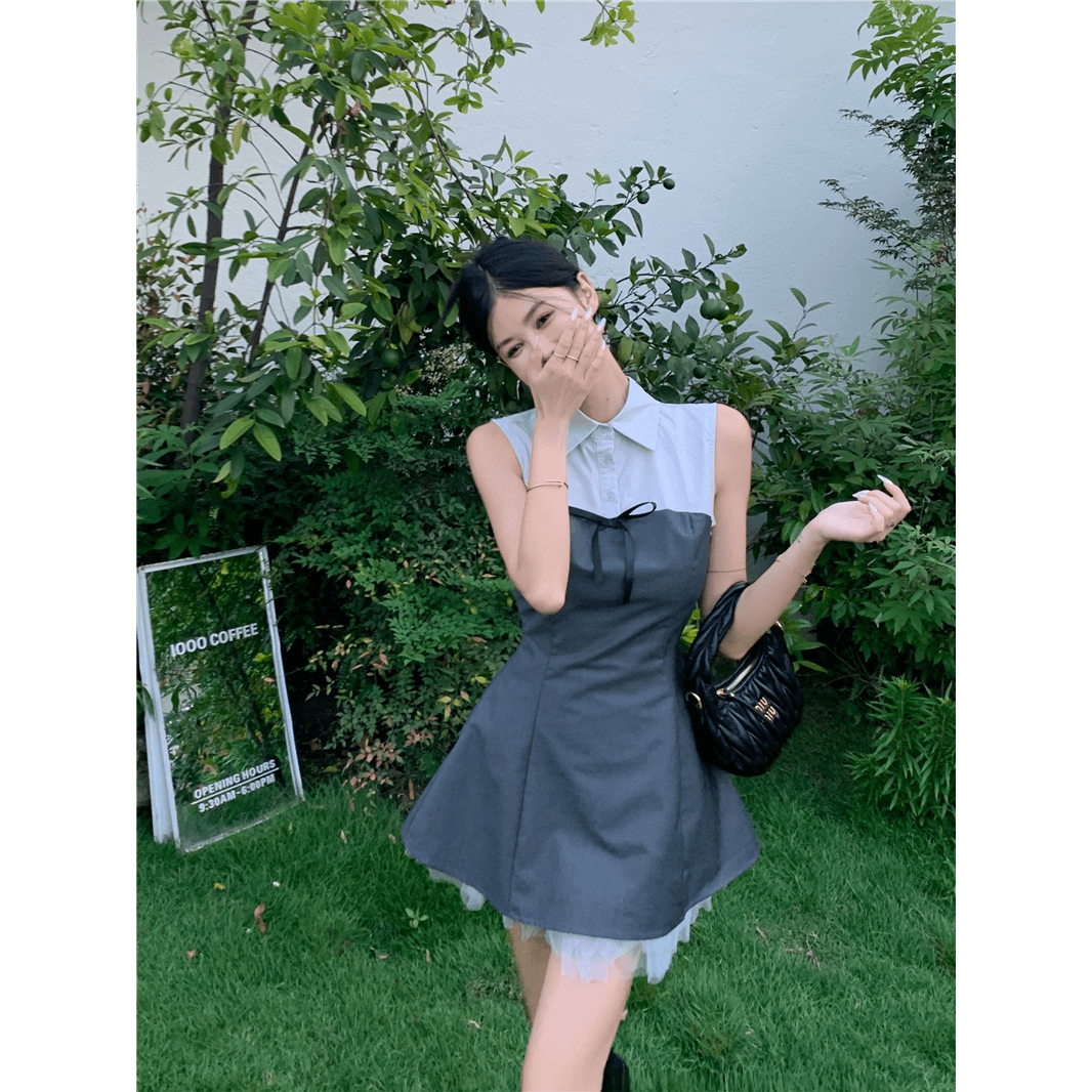 ~学院风拼色淑女连衣裙收腰性感气质辣妹polo衬衫裙子