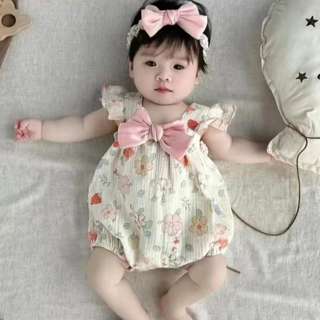 夏季新款吊带飞袖满印花朵立体蝴蝶结吊带包屁夏季外出服立体哈衣