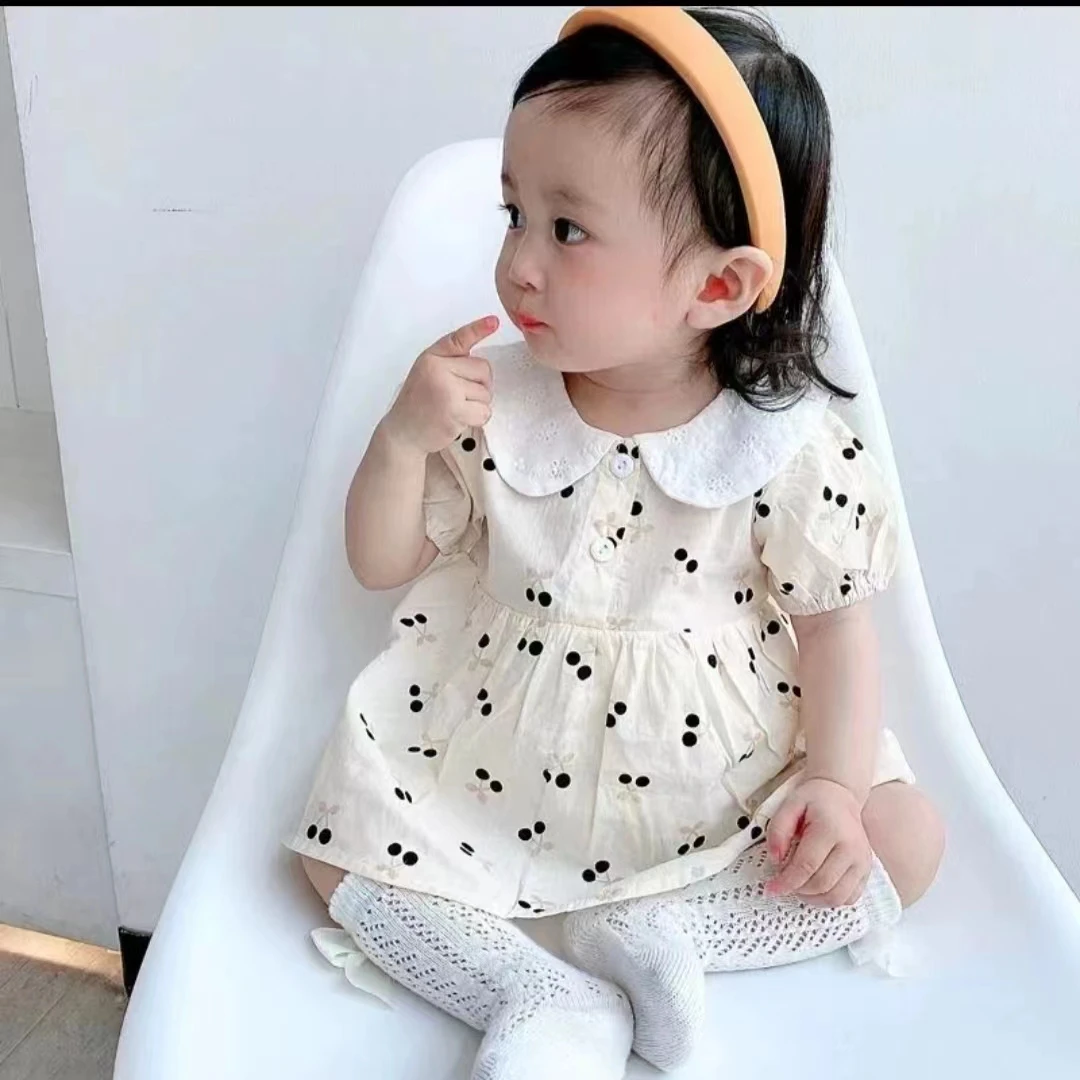婴儿哈衣裙24年夏季女宝宝连体短袖韩版樱桃包屁爬爬服