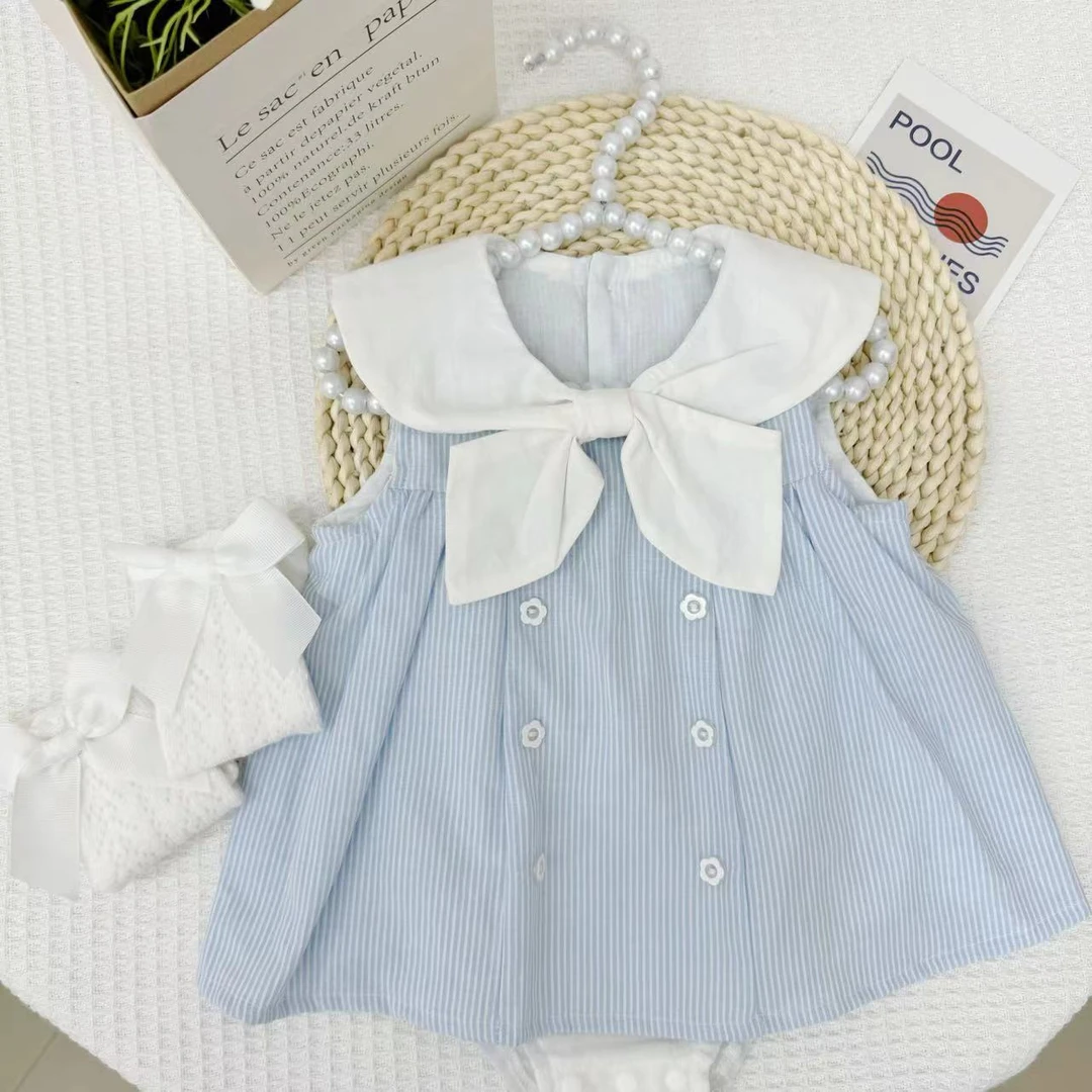 薄款连衣裙2024夏季新款女宝洋气甜美海军领蝴蝶结公主裙韩版儿童