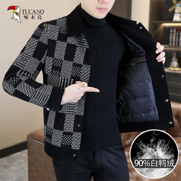 啄木鸟服饰24冬季男士毛呢翻领时尚格子羽绒服白鸭绒百搭外套8035