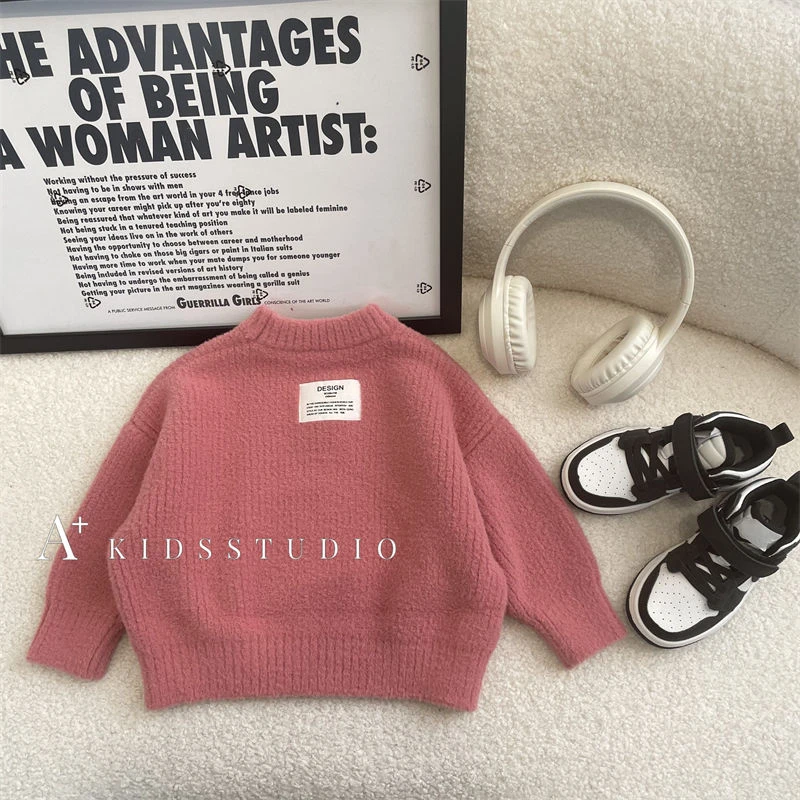 秋冬季新款儿童糯叽叽粉色毛衣套头衫女宝韩版洋气中小童针织衫潮