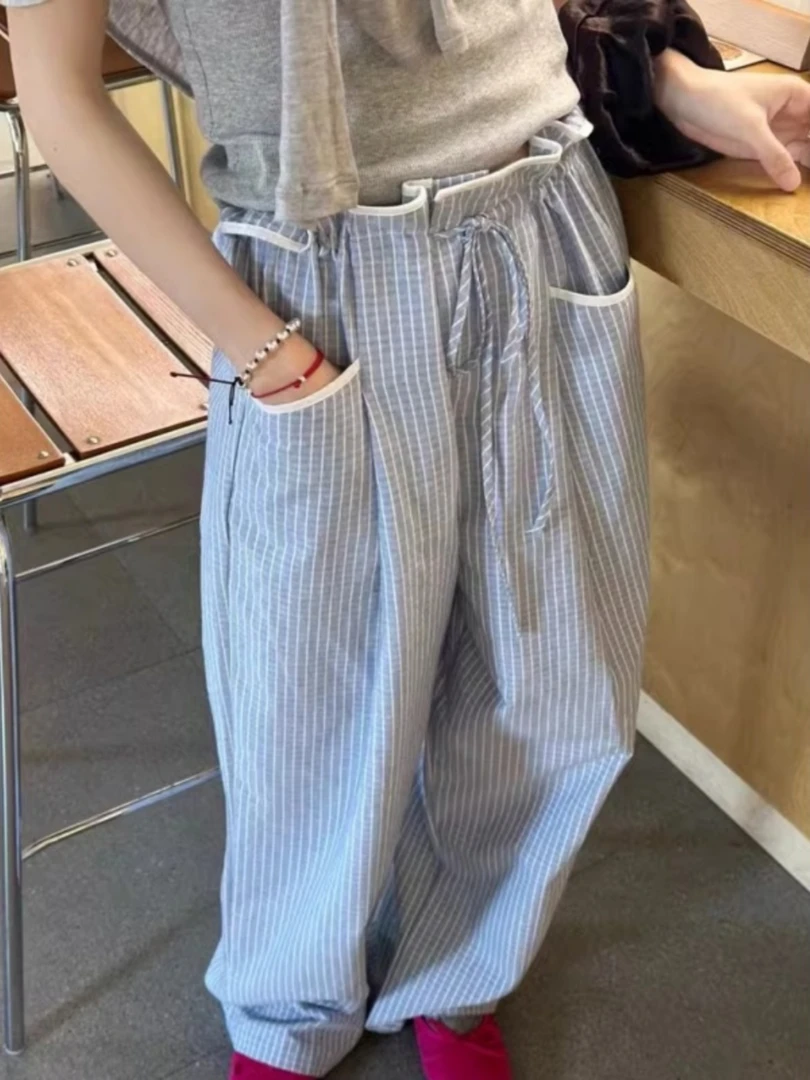 条纹今年流行裤子女夏季抽绳花苞腰直筒休闲阔腿裤松弛感拖地长裤