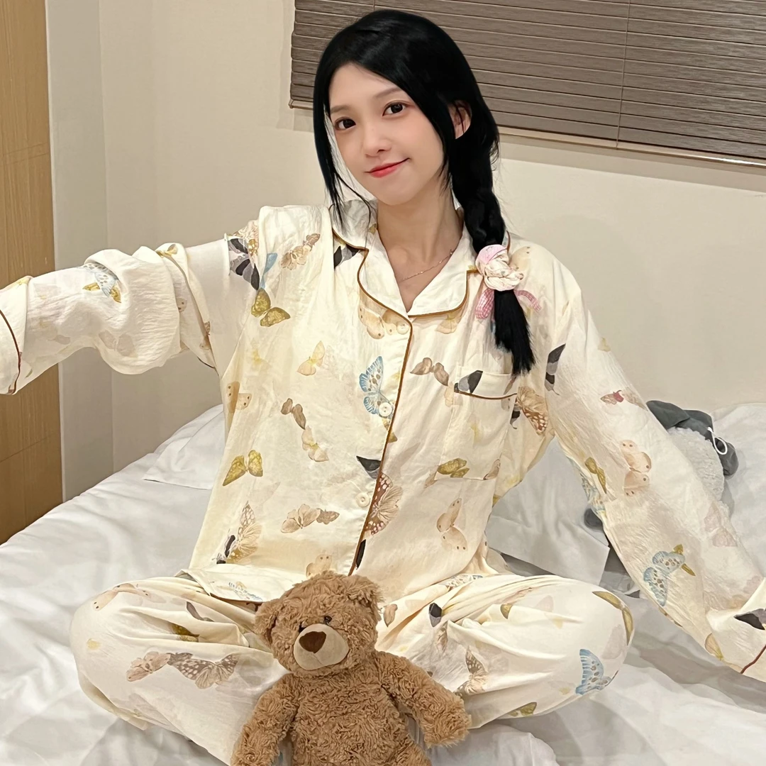 奶茶色系少女睡衣秋冬新款带胸垫ins印花云朵棉居家服套装可外穿