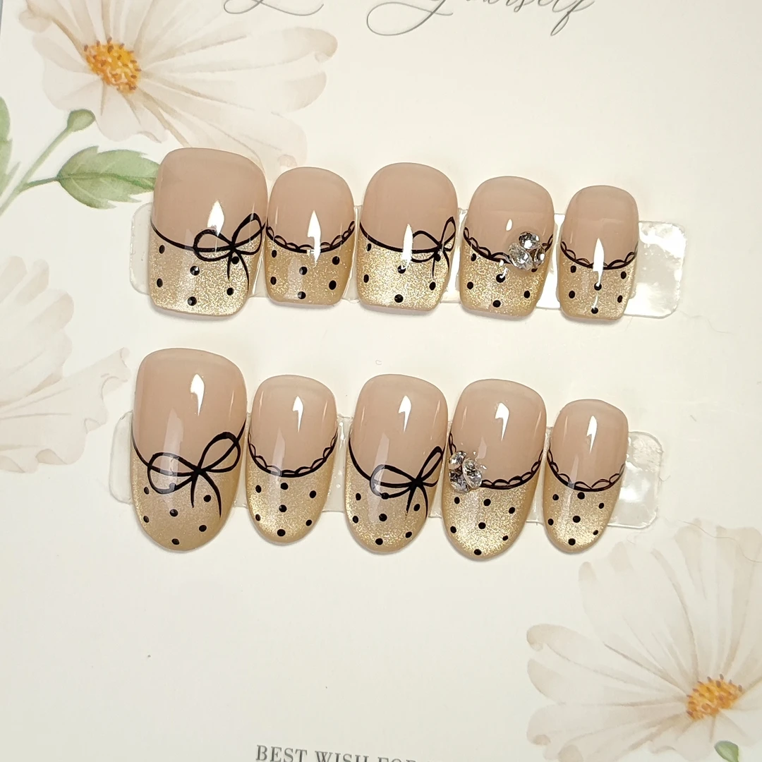 088  气质温柔波点蕾丝猫眼款纯手工可重复使用穿戴甲