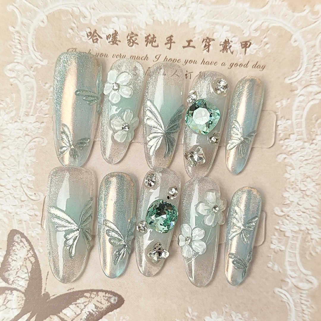 薄荷冰花  气质清透湖绿冰花蝴蝶款纯手工可重复使用穿戴甲