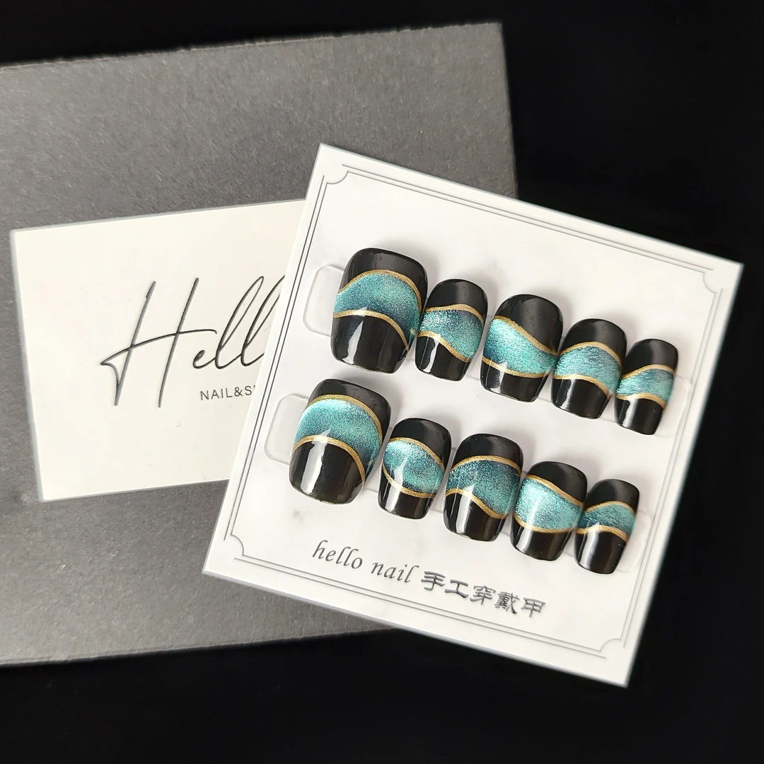 022  星河流转 气质墨尔本猫眼款纯手工可重复穿戴甲绿色穿戴式