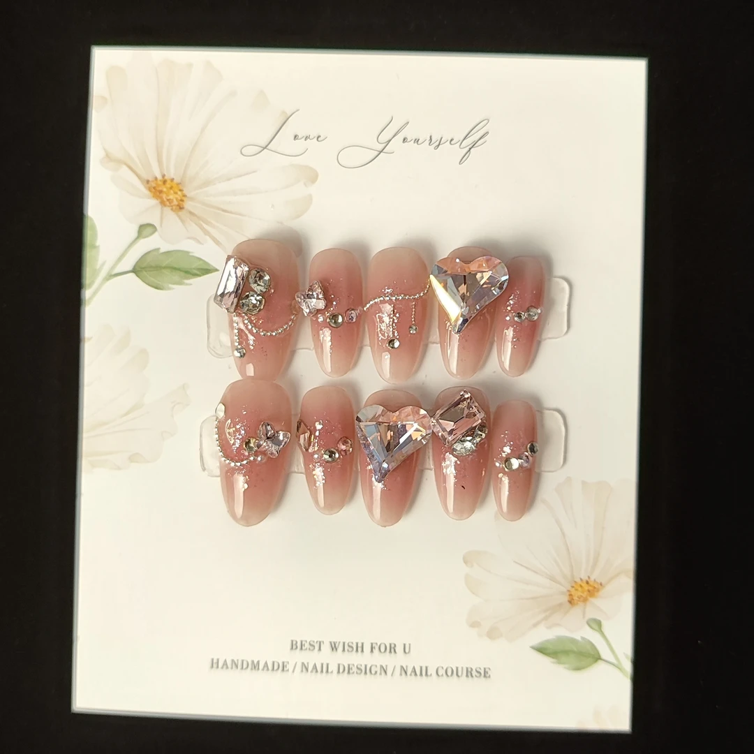 002  奢华闪粉歪心仙气钻款纯手工可重复使用穿戴甲