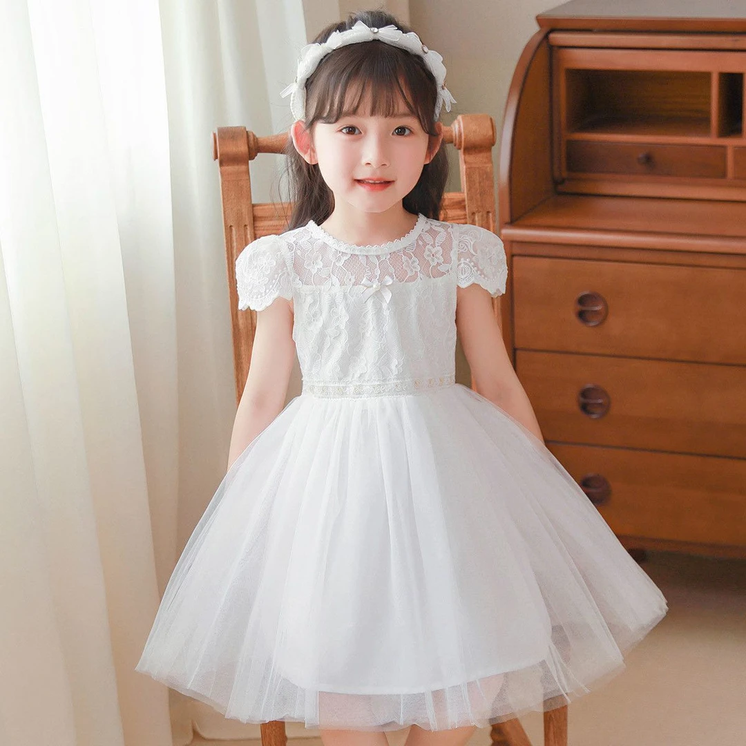 女童公主裙小女孩夏季薄款裙子中大童洋气高级感白色蓬蓬纱连衣裙