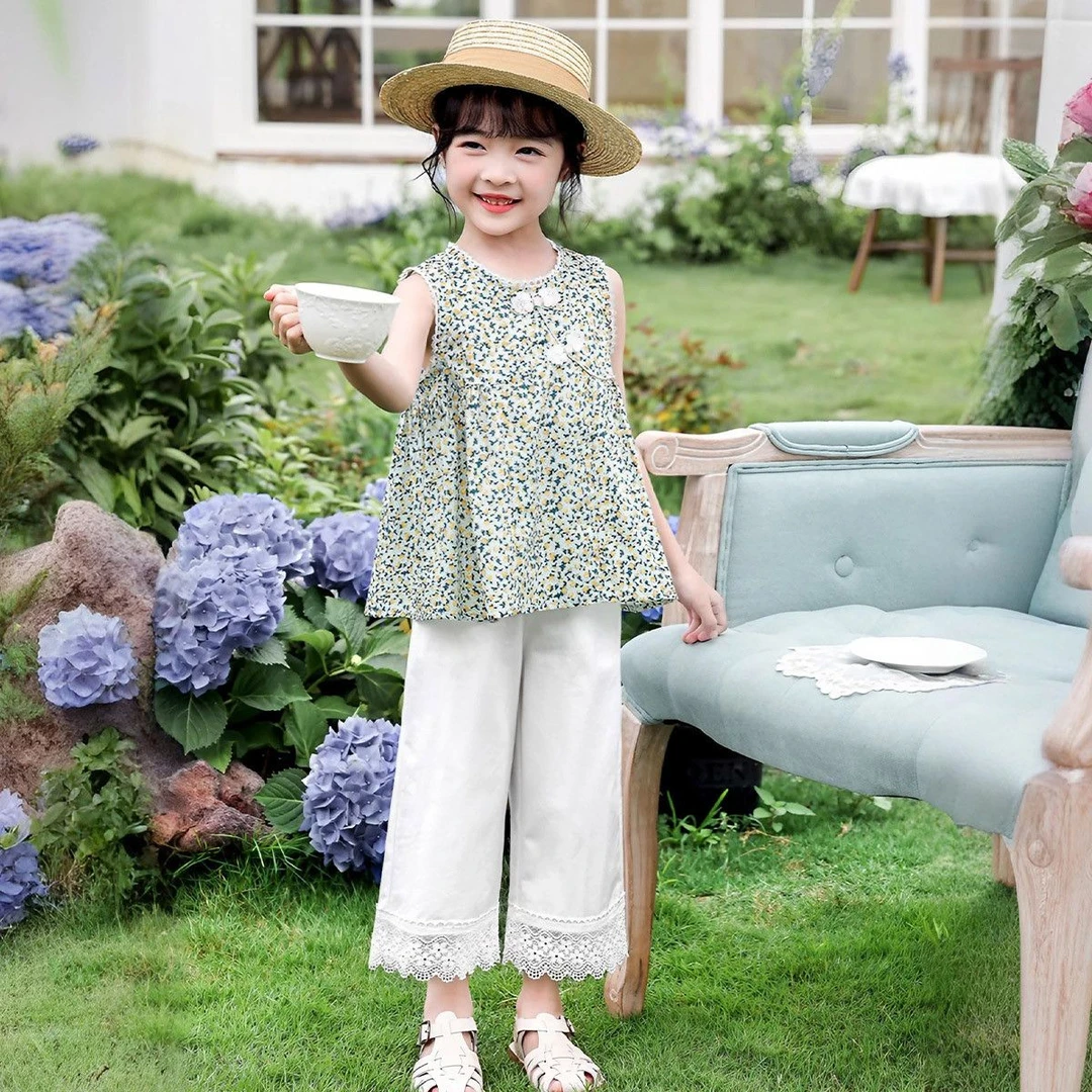 女童套装纯棉夏款洋气碎花无袖吊带时尚阔腿儿童夏季薄款休闲外穿