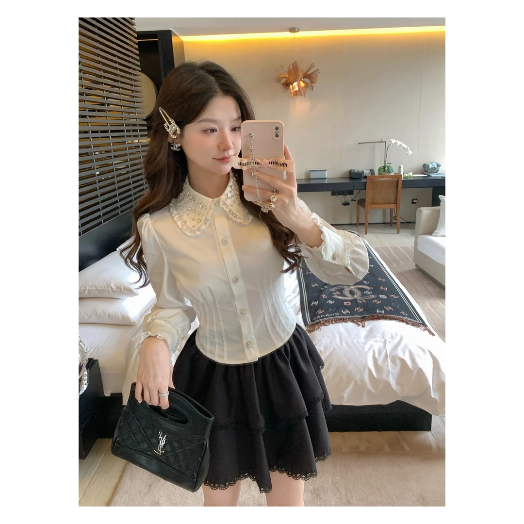 设计感小众衬衫女秋季2024新款高级感镶钻高腰显瘦小个子洋气衬衣