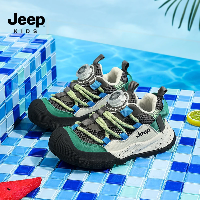 jeep童鞋男童旋转纽扣包头夏季单网透气女童鞋防滑百搭潮童运动鞋