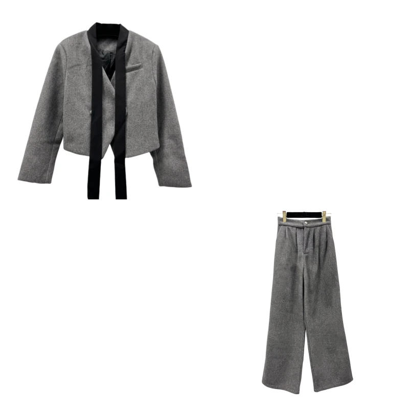 4254  外套裤子套装气质轻奢时尚灰色设计师秋冬休闲短款百搭女士