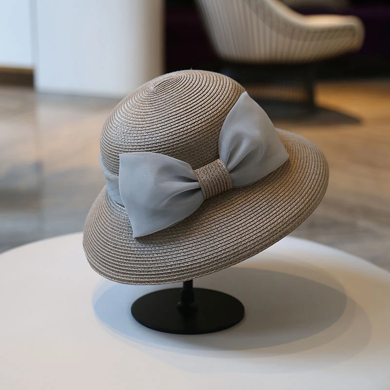 夏季新款优雅蝴蝶结草帽 渔夫帽太阳帽女 夏日出游防晒小檐遮阳帽