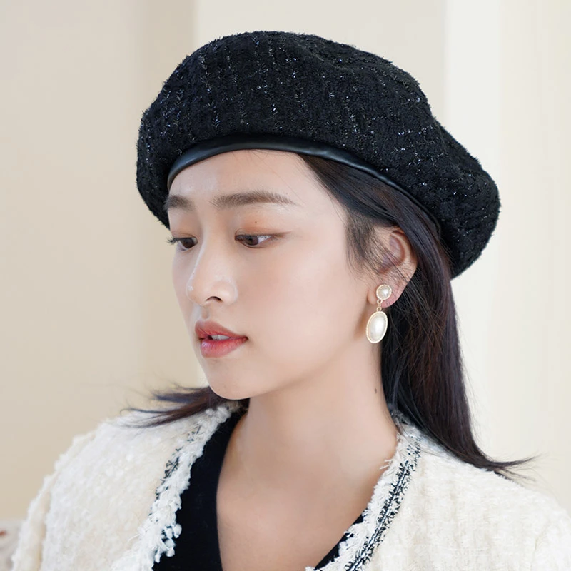 秋印韩版日系经典粗花呢贝雷帽休闲小香风画家帽女女士帽子冬季