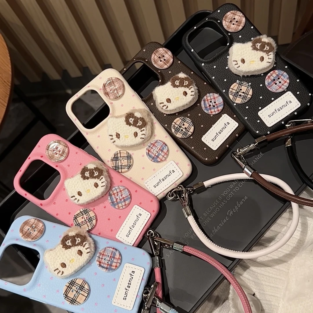 毛绒KT帽纽扣皮绳适用苹果16promax手机壳iPhone13/15秋冬14/11女