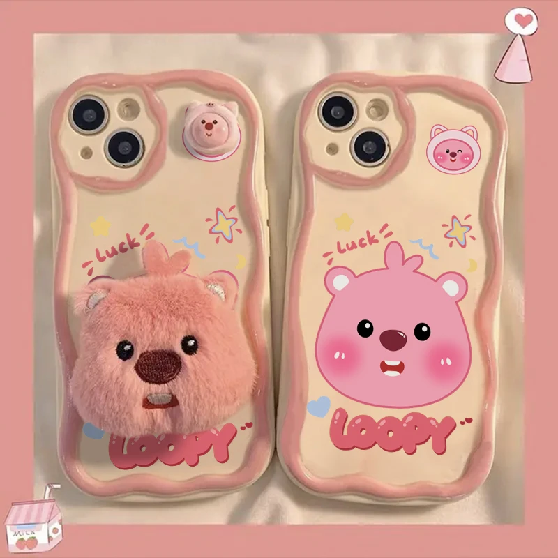 秋冬毛绒海狸支架苹果15手机壳14promax/13手机壳iphone13/11女12