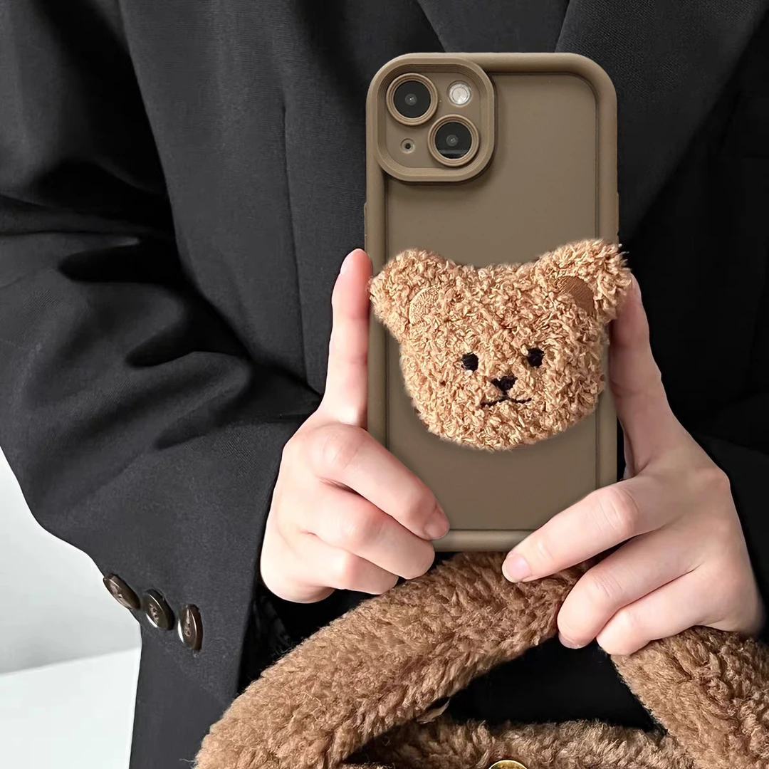 秋冬毛绒熊支架iphone15手机壳14promax苹果13/11全包12/XS复古XR