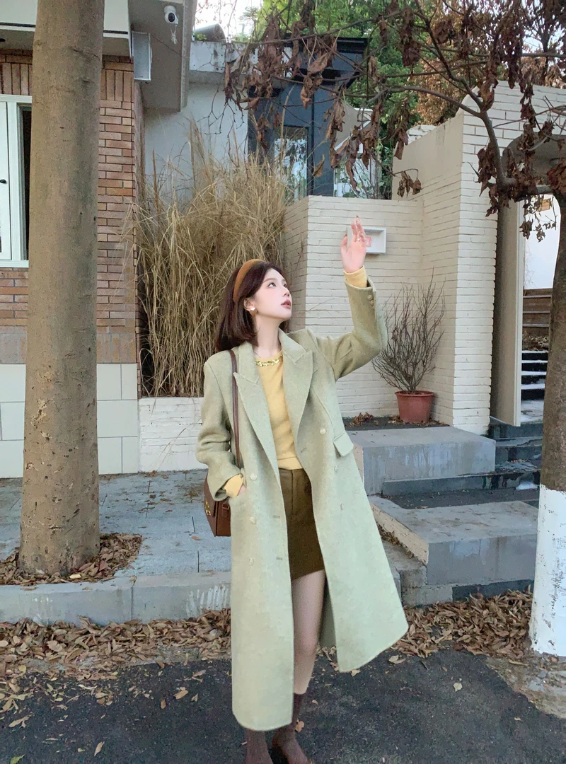 【芝士Cheese】都市岛屿 时尚韩版绵羊毛大衣加长正肩毛呢大衣外套