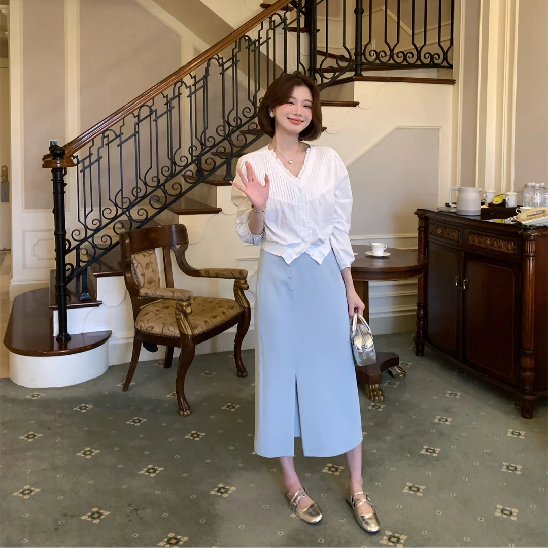 【芝士Cheese】晚棠 洗水棉衬衫设计感压褶花边衬衫时尚气质显瘦