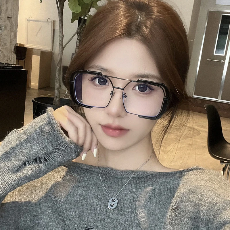 欧美复古超大方形黑框素颜眼镜女潮造型防蓝光可配近视度数眼镜框