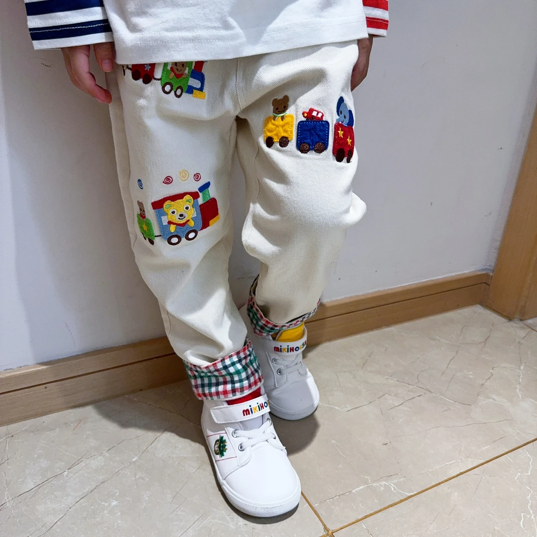 24春款日系miki儿童小火车刺绣款长裤中小童梭织休闲长裤宝宝童裤