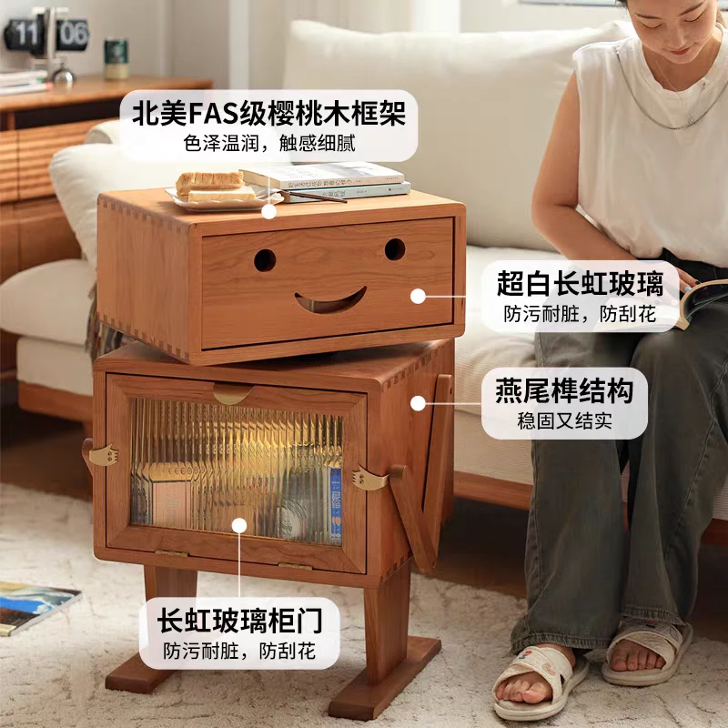 北欧实木樱桃木机器人边柜沙发边几可移动床头柜可移动家用收纳柜