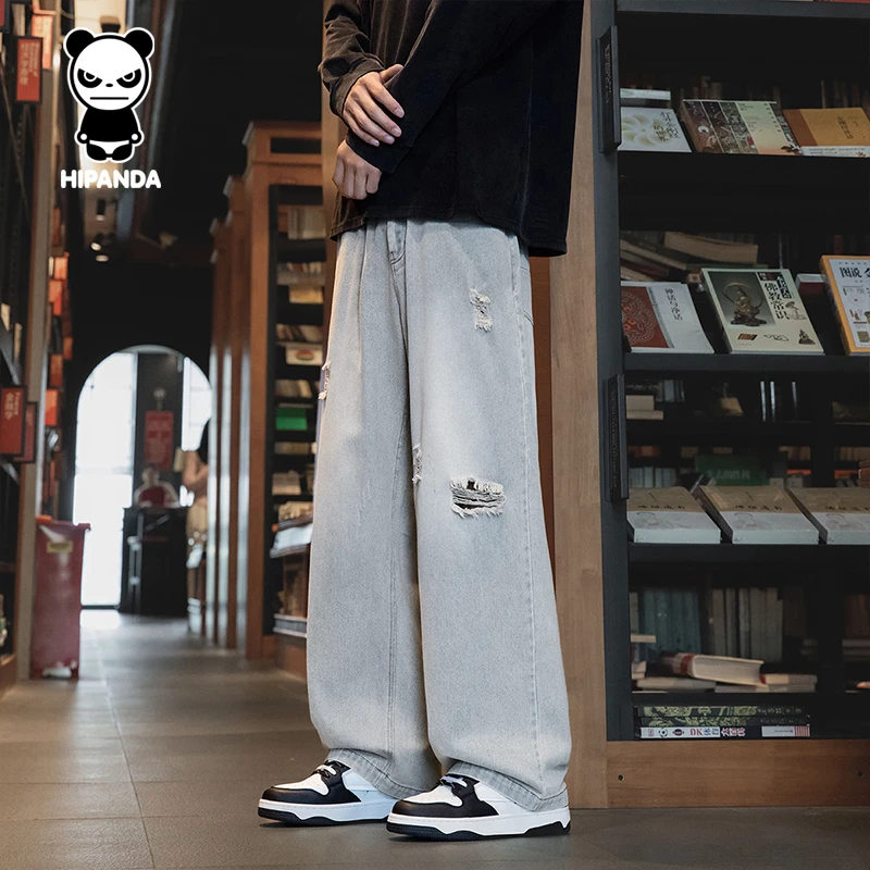 HiPanda秋季新款时尚百搭高街潮流破洞宽松休闲运动情侣款牛仔裤