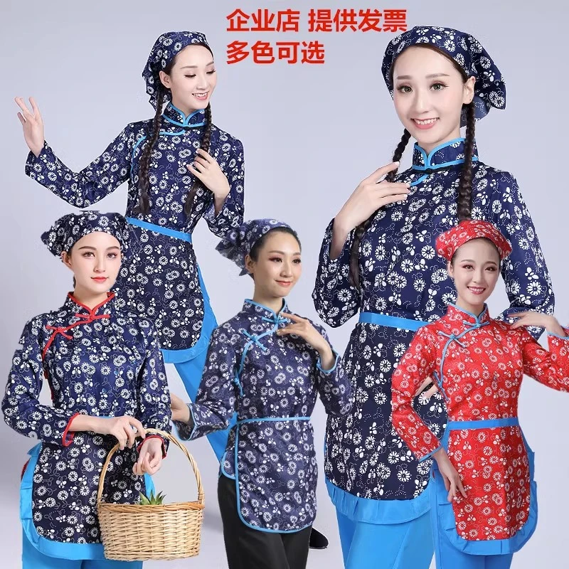 阿庆嫂采茶服装女农村村姑花衣服舞蹈演出服服务员军嫂表演服装。