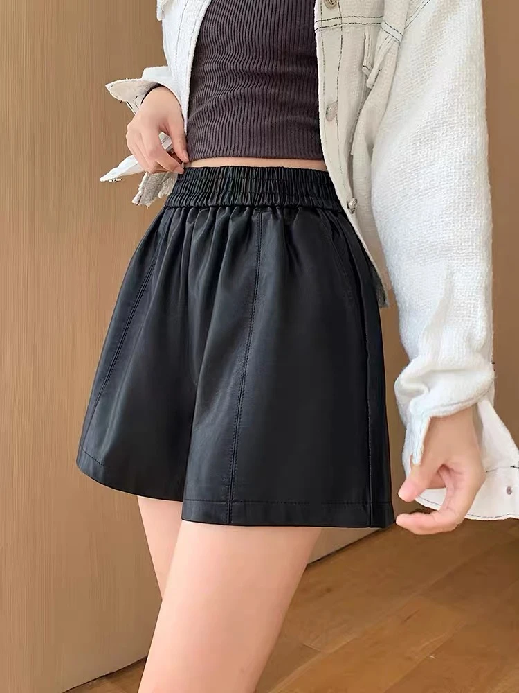 休闲短裤女春秋外穿松紧腰高腰显瘦a字阔腿pu皮裤设计感外穿
