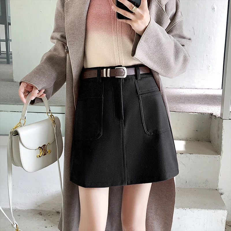 实拍口袋工装西装半身裙女百褶裙高腰小个子包臀短裙女