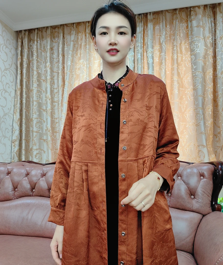 云裳女装秋季新款外套双面双穿复古连衣裙显瘦风衣国风提花