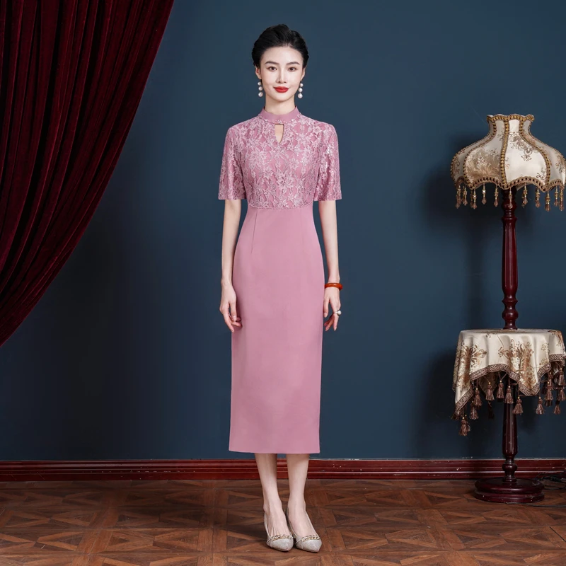 55536气质蕾丝婚宴高档长袖优雅宴会妈妈装修身显瘦红色礼服裙