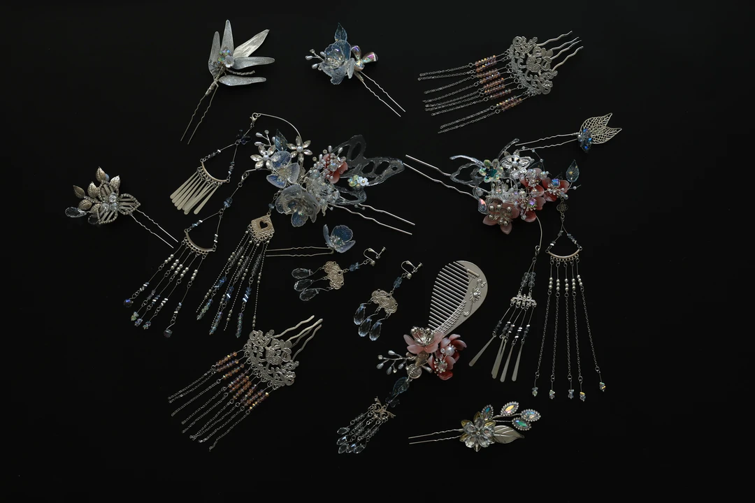 X2090新娘婚嫁饰品银粉色系中式汉服头饰实用百搭分体发饰