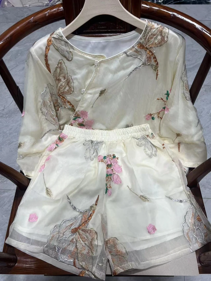 2024夏季新款新中式薄款套装重工绣花国风网红休闲复古两件套