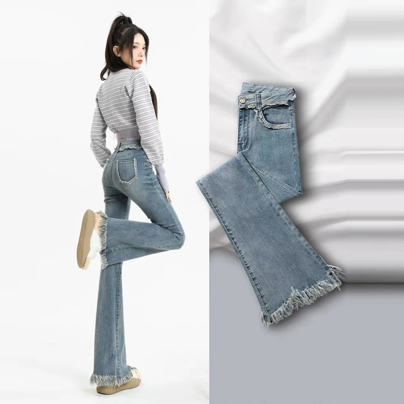 浅蓝牛仔裤女2025年春秋装新款高腰显瘦设计感毛边微喇叭马蹄裤子