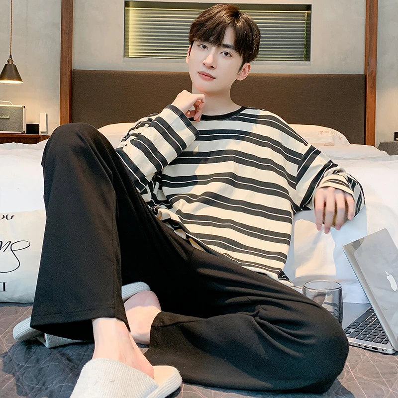 高档睡衣男士春秋季长袖100%纯棉网红青少年学生大码可外穿家居服
