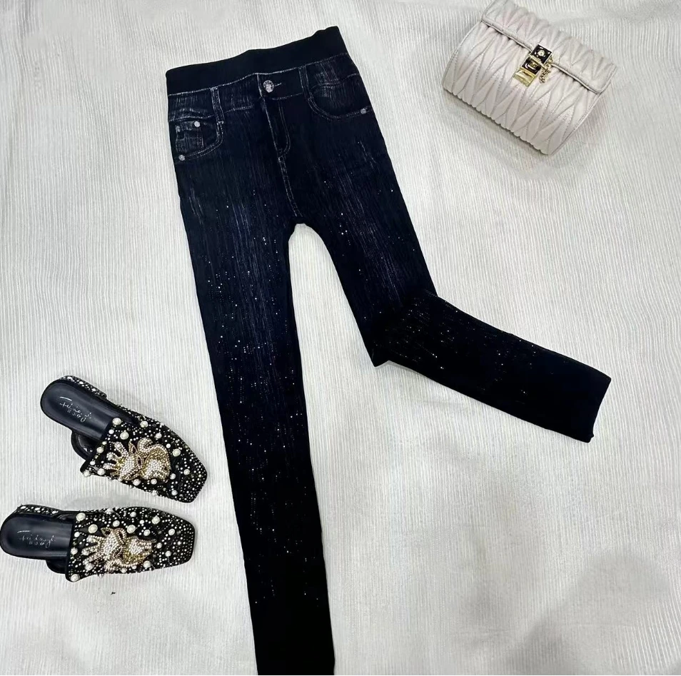 （高腰显瘦加绒弹力裤）3D烫钻新款高弹女裤修身百搭打底裤