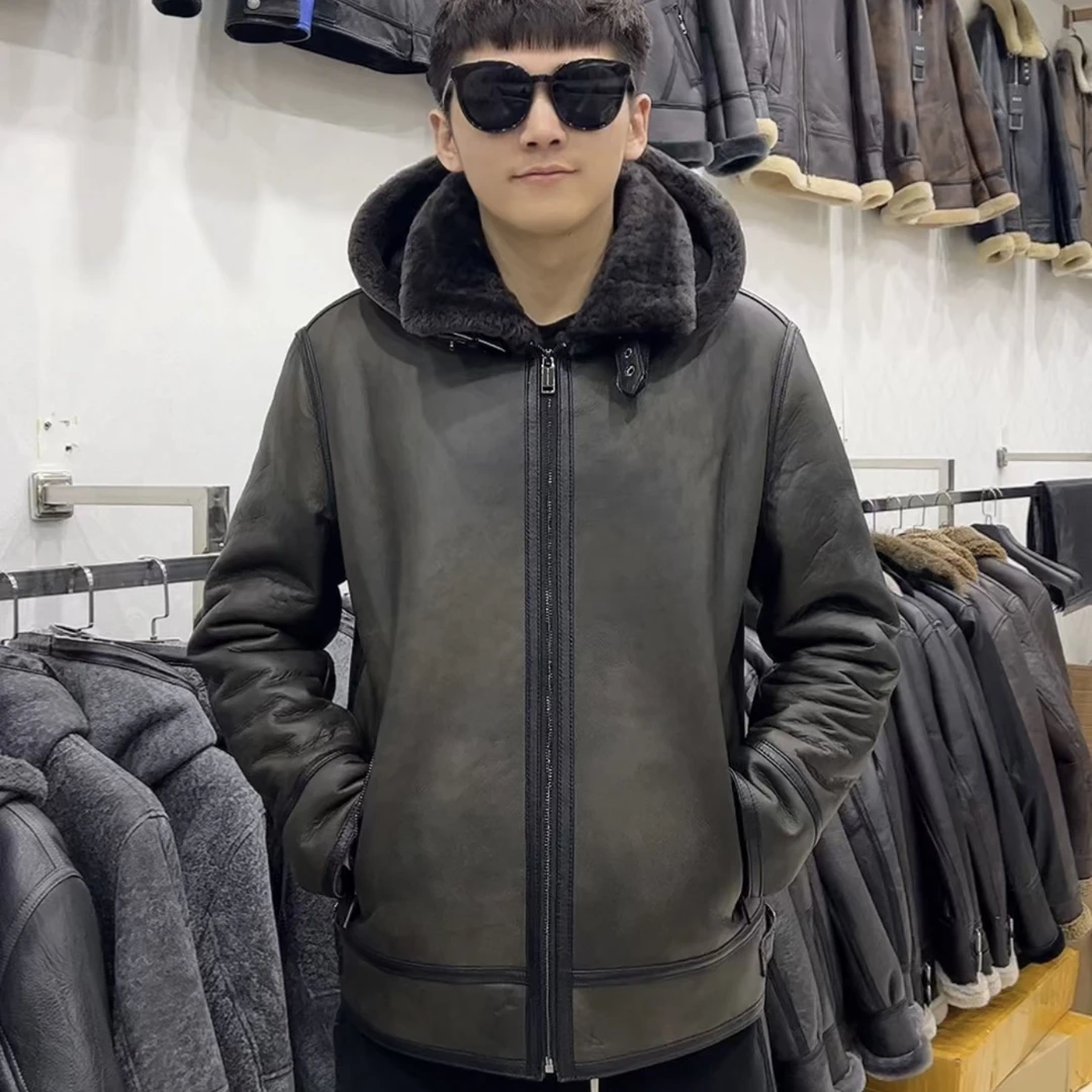 男款皮毛一体墨绿色可脱卸帽子休闲夹克时尚