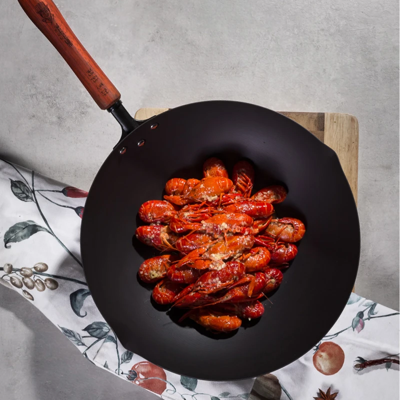 极窒轻薄铁锅带盖木手柄耐用铸铁锅纹理轻巧耐磨导热炒菜烹饪锅