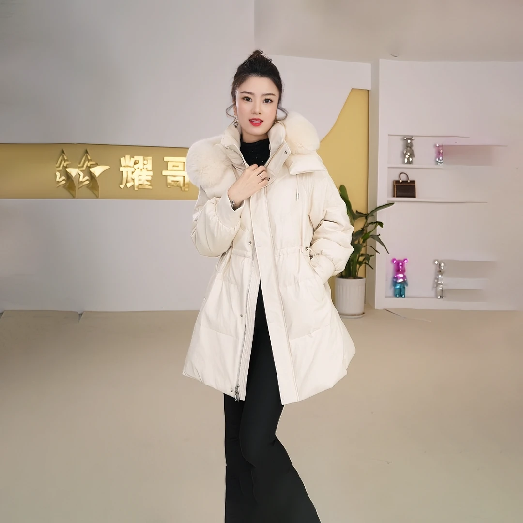 时尚加厚冬季宽松收腰休闲女士保暖大毛领连帽韩版抽绳外套PYR225