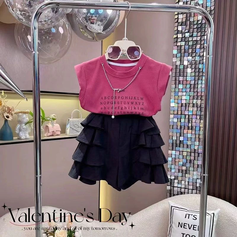 女童夏季背心套装2024新款儿童时尚洋气无袖百搭纯色短裤公主风夏