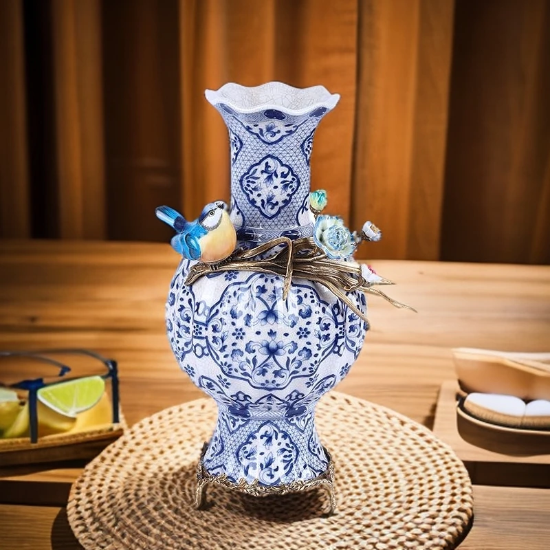 【奇居稷飞】铜配瓷雀鸟衔枝花瓶#2AHX3148-14.5-CC